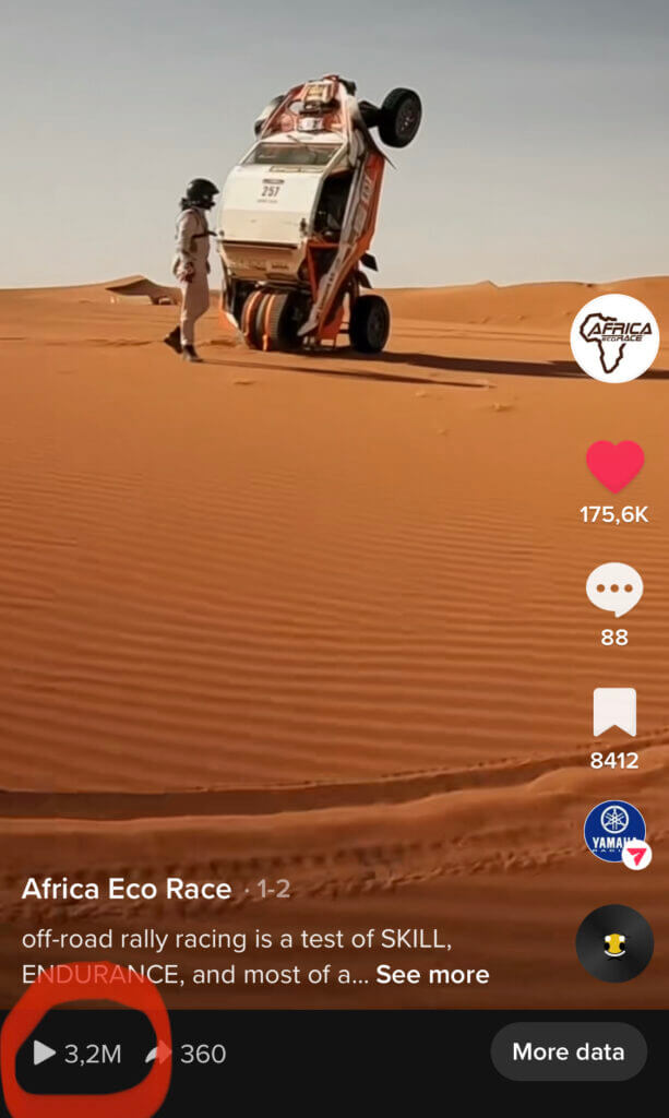 A screenshot from the TikTok account of Africa Race showing the virality of a clip up to 3,2 Million views (groowing)