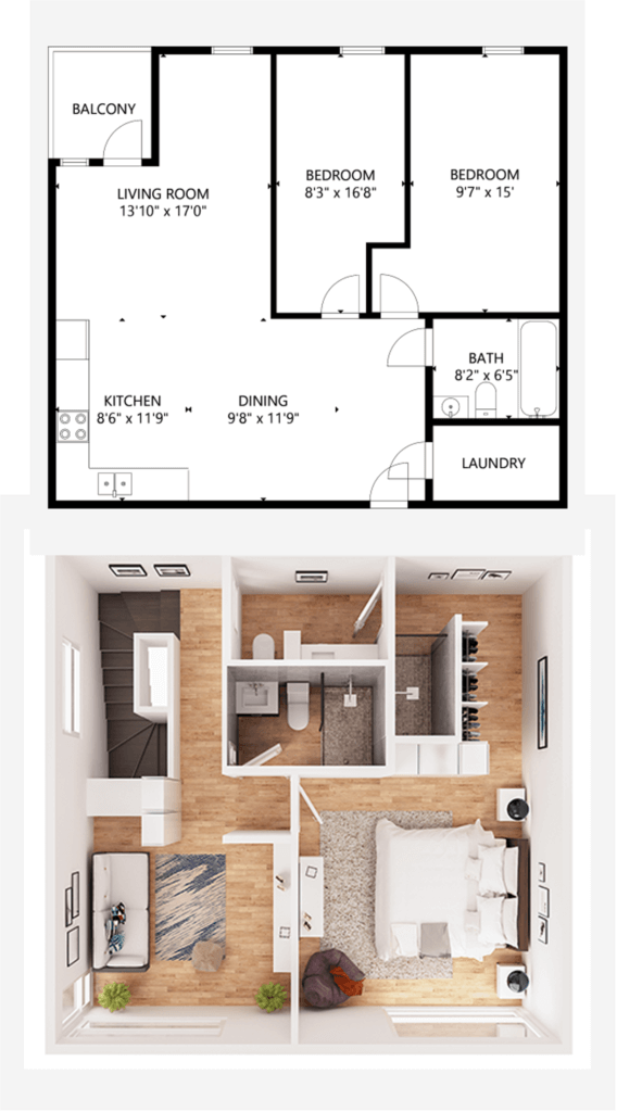 A 2 section pics showing how from flat 2D plan we can design cool 3D virtual staging designs